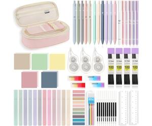 MoKo 60PZS Material Escolar, Estuche Portalápices Rosa, 5 Bolígrafos de Tinta Gel, 6 Portaminas con Recambios, Borradores, 12 Rotuladores de Colores, 2 Reglas, Notas Adhesivas, Accesorios Escuela