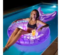 MoKo Anillo de Natación con Luces para Adultos, Flotador Inflable de Piscina con Asas y Portavasos, Flotador de Natación con Luz LED en Forma de Cola de Sirena, Decoración para Fiestas, Morado
