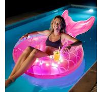MoKo Anillo de Natación con Luces para Adultos, Flotador Inflable de Piscina con Asas y Portavasos, Flotador de Natación con Luz LED en Forma de Cola de Sirena, Decoración para Fiestas, Rosa