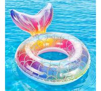 MoKo Anillo de Natación, Flotador de Natación Inflable Portátil con Diseño de Cola de Sirena para Playa Piscina Parque Acuático Fiesta, Anillo de Natación de Diámetro, Escalas de Plata Arco Iris