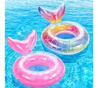 MoKo Anillo de Natación para Niño, Flotador de Natación Inflable Portátil con Diseño de Cola de Sirena para Playa Piscina Parque Acuático Fiesta, Diámetro 58 cm, Arco Iris + Rosa