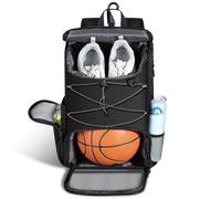 MoKo Bolsa de Baloncesto, Mochila de Baloncesto con Bolsa Transpirable para Zapatillas, Mochila con Múltiples Bolsillos, Gancho Oculto para Valla y Puerto de Carga, Negro