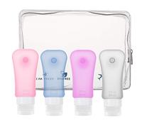 MoKo Botella de Viaje - Anti-Fugas & Rellenable/Compresible Silicona Travel Bottles Set para Champú, Bálsamo, Crema de Baño, Loción, Libre de BPA, FDA Aprobado - Azul & Blanco * Rosa & Morado