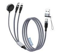 MoKo Cable USB C 3 en 2 para Cargador Apple Watch, Cable de Carga Múltiple Compatible con iPhone/iPad/iWatch Series 11/10/9/8/7/6/5/4/3/2/1/Ultra 3/Ultra 2/Ultra/SE 3/SE 2/SE, 4 pies, Gris