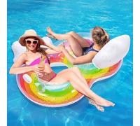MoKo Colchoneta Hinchable Piscina con 2 Plazas, Flotador Inflable Piscina Grande con Porta Bebidas y Asas, Hamaca Flotante Piscina para Adultos Juguetes Piscina Playa Fiestas Verano, Arcoíris y Nubes