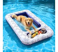 MoKo Colchoneta Hinchable Piscina para Perros, 150x90 cm para Perros Grandes, Flotador Inflable Piscina con Compartimento para Juguetes y Comida, Hamaca Flotante de PVC y Malla, Garra Hueso Azul
