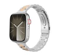 MoKo Correa Delgada de Metal Compatible con Apple Watch 41mm 40mm 38mm, Pulsera Fina de Acero Inoxidable de Repuesto para iWatch Series SE 2 SE 9 8 7 6 5 4 3 2 1 para Mujeres Hombres, Plata/Oro Rosa
