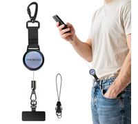 MoKo Correa Retráctil para Teléfono Móvil, Llavero Antirrobo Extensible con Gancho Metálico Bloqueable y Pestaña Giratoria 360° Metal, Cordón para Móvil Ideal Senderismo, Escalada, Pesca, Negro&Plata