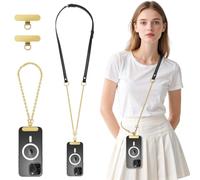MoKo Correa Universal Cruzada para Teléfono, Lanyard Antirrobo Ajustable & Correa de Muñeca con 2× Pestañas Metálicas para iPhone 17 y la mayoría de smartphones, Negro & Oro