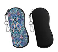 MoKo Funda de Gafas - 2 PZS [Ultra Ligero] Neopreno Con Cremallera Almacenaje Lente Suave Sunglasses Case con Clip de Cinturón para Gafas, Bolsa de Llaves, Lápices, Tarjetas, Negro/Patrón de Pavo Real