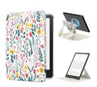 MoKo Funda Giratoria 360° para 7" Kindle Paperwhite12ª Gen 2024 y Kindle Colorsoft 2024/2025, Trasera Transparente Funda Magnética Desmontable con Soporte Ajustable, Auto Activación/Reposo, Flores