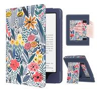 MoKo Funda para 7"/6,8" Kindle Paperwhite(12ª/11ª Gen-2024/2021) y Colorsoft Signature Edition, Tolino/boox go 7, Funda Protectora Delgada de PU con Auto Sueño/Estela, Flor de Hoja Azul
