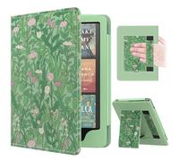 MoKo Funda para 7"/6.8" Kindle Paperwhite(12th/11th Gen-2024/2021), PU Estuche Niño con Correa de Mano para Kindle Paperwhite Edición de Firma, Auto Sueño/Estela, Flor Verde