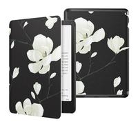 MoKo Funda para 7" Kindle Paperwhite 12th Generation 2024&Kindle Colorsoft Signature Edition 2024, PC Estuche Carcasa Estilo Niños con Auto Sueño/Estela, Negro & Blanco Magnolia