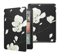 MoKo Funda para 7" Kindle Paperwhite 12th Generation 2024&Kindle Colorsoft Signature Edition 2024, PC Estuche Carcasa Estilo Niños con Auto Sueño/Estela, Negro & Blanco Magnolia