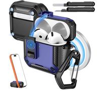 MoKo Funda para AirPods 4 con Cierre 2024 - Compatible con MagSafe, Soporte para Teléfono&Ventana Automática Funda para AirPod 4.ª Generación, Funda Protectora con Kit de Limpieza, Azul oscuro + Negro
