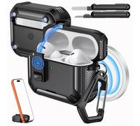 MoKo Funda para AirPods Pro 2 con bloqueo, compatible con MagSafe, soporte para teléfono y desplegable automático para AirPods Pro de 2ª/1ª generación, funda protectora de grado militar con kit de