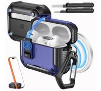MoKo Funda para AirPods Pro 2 con Cierre - Compatible con MagSafe, Soporte para Teléfono y Ventana Automática Funda para AirPods Pro 2.ª/1.ª Gen, Funda Protectora con Kit de Limpieza, Azul + Negro