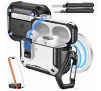 MoKo Funda para AirPods Pro 2 con Cierre - Compatible con MagSafe, Soporte para Teléfono y Ventana Automática Funda para AirPods Pro 2.ª/1.ª Gen, Funda Protectora con Kit de Limpieza, Blanco + Negro