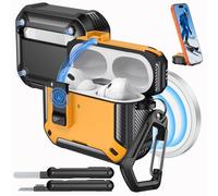 MoKo Funda para AirPods Pro 3 con Cierre 2025 - Compatible con MagSafe, Soporte para Teléfono & Ventana Automática Funda para AirPod Pro 3.ª Gen., Funda Protectora con Kit de Limpieza,Negro+Amarillo