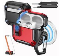 MoKo Funda para AirPods Pro 3 con Cierre 2025 - Compatible con MagSafe, Soporte para Teléfono & Ventana Automática Funda para AirPod Pro 3.ª Gen., Funda Protectora con Kit de Limpieza, Rojo + Negro