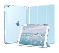 MoKo Funda para iPad 9.ª/8.ª/7.ª Generación 10,2 Pulgadas 2021/2020/2019 con Portalápices, Ligera y Delgada con Soporte Trifold y Cascara Traslúcida PC Duro, Auto Activación/Reposo, Azul Cielo