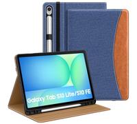 MoKo Funda para Samsug Galaxy Tab S10 Lite/S10 FE/S9 FE 5G 10,9 Pulgadas 2025/2023, S9 11" 2023 con Portalápices, Múltiples Ángulos Funda Tab S10 Lite con Correa de Mano, Bolsillo, Denim Azul & Marrón