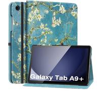 MoKo Funda para Samsung Galaxy Tab A9 Plus 11 Pulgadas 2023, Carcasa Cuero PU Premium con Soporte Múltiples Ángulos, Correa de Mano y Bolsillo Frontal Auto Activación/Reposo, Flor de Almendro