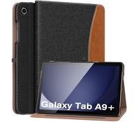 MoKo Funda para Samsung Galaxy Tab A9 Plus 11 Pulgadas 2023, Carcasa Cuero PU Premium con Soporte Múltiples Ángulos, Correa de Mano y Bolsillo Frontal Auto Activación/Reposo, Denim Negro & Marrón