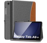 MoKo Funda para Samsung Galaxy Tab A9 Plus 11 Pulgadas 2023, Carcasa Cuero PU Premium con Soporte Múltiples Ángulos, Correa de Mano y Bolsillo Frontal Auto Activación/Reposo, Denim Grey & Brown