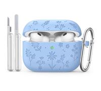 MoKo para AirPods Pro 3 Funda con Kit de Limpieza, Linda Flor Grabada Funda para Apple AirPods Pro 3rd Gen 2025, Caja de Silicona Protectora a Prueba de Golpes con Llavero, Azul