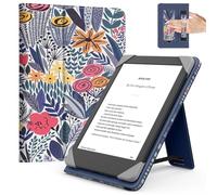 MoKo Universal Funda para 6 Pulgadas Kindle eReaders y Tabletas, Kindle/Kobo Clara/Tolino/Pocketook/Sony E-Book Tablet, Funda Liviana Tipo Folio con Correa de Mano y Soporte, Flor de Hoja Azul