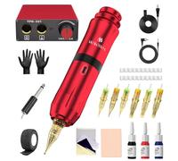 Mokohoa Máquina de tatuaje para principiantes, juego de máquina de tatuaje con tinta, agujas de cartucho, hoja de práctica, guantes de goma, accesorios para tatuajes (rojo vino)