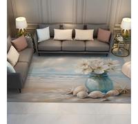 MOKOSAISE 120x180cm Alfombras de área Perfil bajo y Lavables Alfombras Antideslizantes de Cielo Azul y Arena para salón Dormitorio Comedor Margarita Blanca Concha de Costa