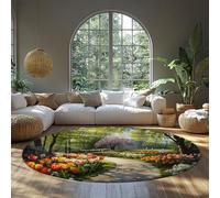 MOKOSAISE 90cm（Redondo） Alfombras Redondas Área Lavable Salón Alfombra Spring Tulip Garden Path Alfombras de Perfil bajo para Dormitorio Círculo Floral Colorido Círculo de Paisaje Alfombra Interior