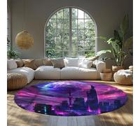 MOKOSAISE Alfombra de área 150cm（Redondo） Horizonte futurista alfombras Redondas surrealismo Ciudad púrpura Rosa bajo Alfombra Lavable para Interiores Dormitorio Cocina salón moqueta Suave