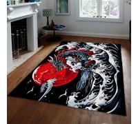MOKOSAISE Alfombra de área 160x200cm Alfombras Lavables para Dormitorio salón Oficina Antideslizante Tradicional Ukiyo-e Wave Alfombra Interior de Pelo bajo alfombras Japonesa dragón Rojo de Luna