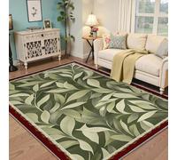 MOKOSAISE Alfombra de Hoja botánica Lavable de Pelo bajo 60x90cm Alfombra Antideslizante Verde con patrón de Plantas Vintage y Borde Rojo para salón Felpuda de Suelo de Granja