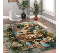 MOKOSAISE Alfombra de Primavera Flor Lavable 100x150cm Alfombras con patrón Floral Happy Easter Bunny Estampado Antideslizante Suave y de Pelo bajo para Entrada Cocina y Dormitorio