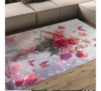 MOKOSAISE Alfombra Elegante para la Zona de Mariposas Rosas de Pelo bajo Lavable 60x120cm Flor Rosa Suave y ensueño Alfombra jarrón de Cristal para Dormitorio romántico salón