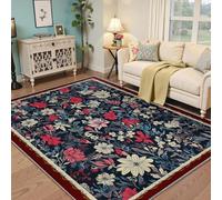 MOKOSAISE Alfombra Floral Bohemia 200x280cm Azul Marino Rojo Rosado Flores Blancas Elegante Alfombra Antideslizante Lavable de Pelo bajo para el salón Dormitorio café