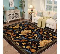 MOKOSAISE Alfombra Floral para salón 140x180cm Flores Doradas Vintage Retro Antideslizante Antideslizante de Pelo bajo para Interior Bohemia Alfombra Oscura para Comedor Dormitorio Oficina