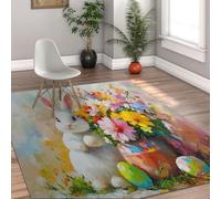 MOKOSAISE Alfombra Lavable para el salón 240x340cm Jarrón de Flores de Conejo de Pascua en Acuarela para Dormitorio Comedor Alfombra Pelo bajo de Primavera con Estampado Huevos Colores