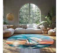 MOKOSAISE Alfombra Redonda 180cm（Redondo） Salón velero Zona de Atardecer alfombras de Olas Teal y Naranja Alfombra Costera Moderna Antideslizante para Interior en el Comedor Dormitorio