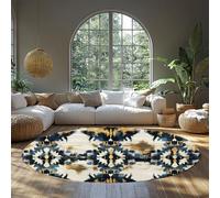 MOKOSAISE Alfombra Redonda 200cm（Redondo） Lavable con patrón geométrico Azul Marino y Dorado Moqueta Moderna Bohemia Antideslizante de Pelo bajo y Fina para Decorar el Dormitorio del salón