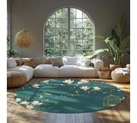 MOKOSAISE Alfombra Redonda de Magnolia Elegante 135cm（Redondo） Fondo Turquesa pájaros Rosas y Jaula de pájaros Dorada Alfombra botánica Floral Moderna para salón Oficina