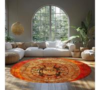 MOKOSAISE Alfombra Redonda de Piedra Azteca Antigua 90cm（Redondo） Alfombra étnica mística Antideslizante Dorada Fina y Lavable para decoración de Estudio en el salón Esterilla Tribal