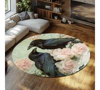 MOKOSAISE Alfombra Redonda Lavable 200cm（Redondo） Cuervos y Rosas de Romance gótico Pájaros Negros Peonías Rosas Alfombra de Pelo bajo para el salón y Dormitorio Decoración del hogar