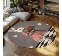 MOKOSAISE Alfombra Redonda Lavable Rosas Elegantes de Conejo 150cm（Redondo） Alfombra Vintage de Corazones Rosas Conejo de Pelo bajo para Dormitorio Comedor San Valentín