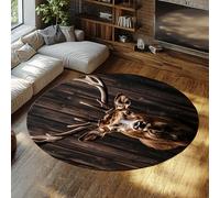MOKOSAISE Alfombra Redonda rústica Ciervo 150cm（Redondo） alfombras Lavables para área Lavable Alfombra Fondo de Madera Oscura Animales alfombras Antideslizantes Pelo bajo para salón Dormitorio marrón